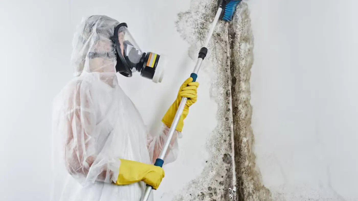 Worker in a protective suit, respirator and yellow gloves treating a mold-stained wall with a long wand