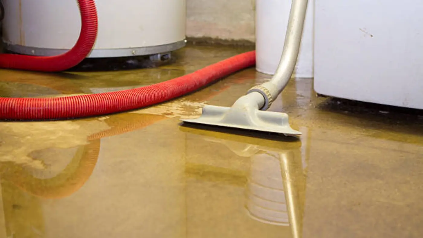 Wet vacuum with a red hose cleaning standing water from a floor