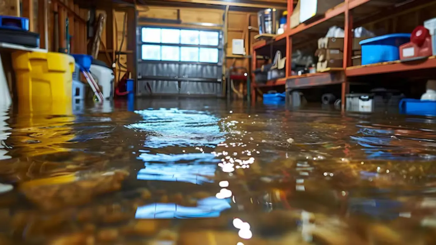 Flooded garage with shelving, storage bins and standing water on the floor