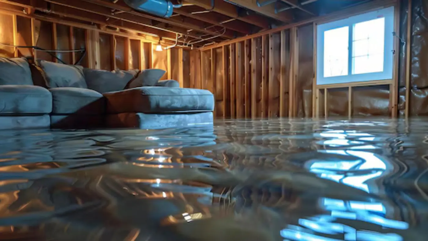 Flooded basement with exposed wall framing, a couch and standing water across the floor